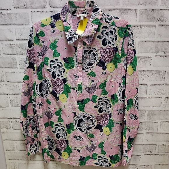 Talbots Tops - Talbots Pink and Green Blouse with Vibrant Pattern
